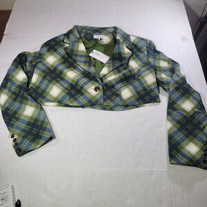 WeWoreWhat Women Green Plaid Cropped Blazer Jacket Size Small